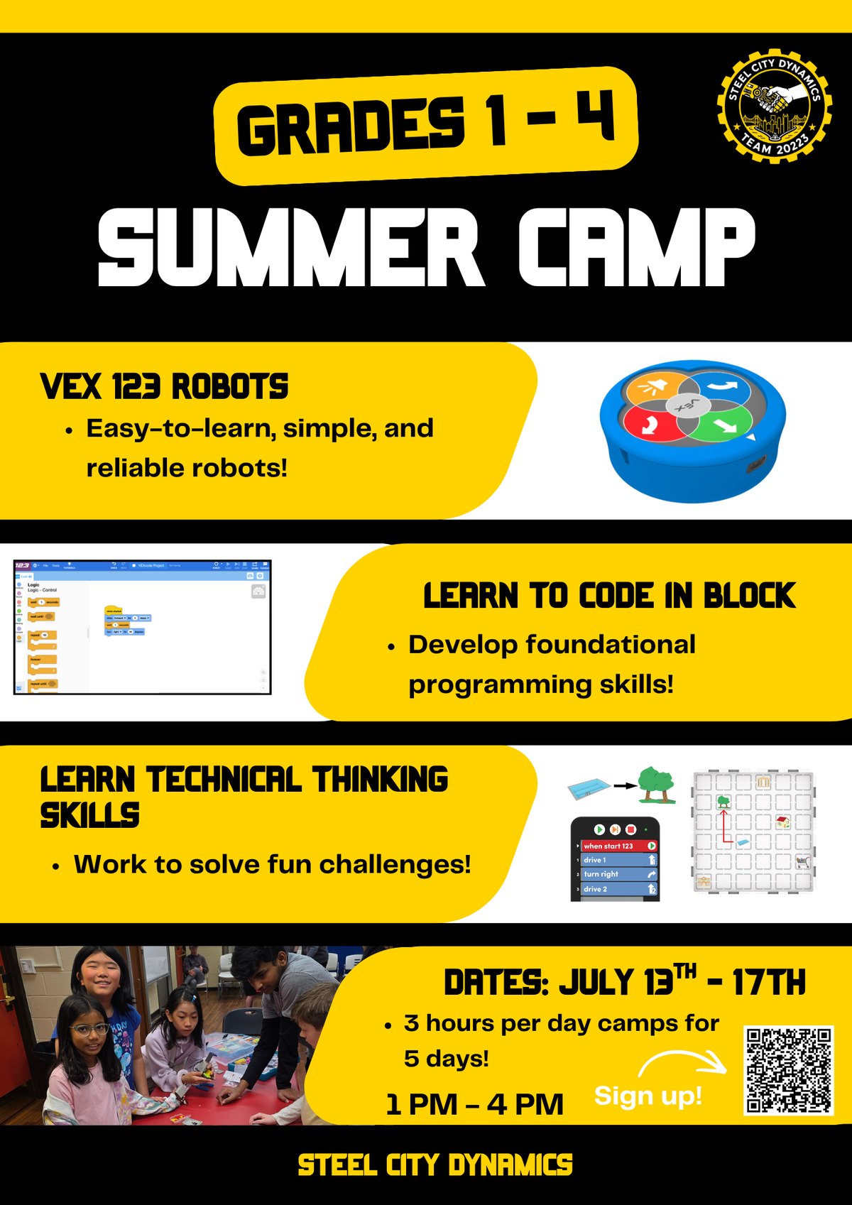 Grades 1–4 Summer Camp flyer: VEX 123 robots and block coding, July 13–17, 1–4 PM