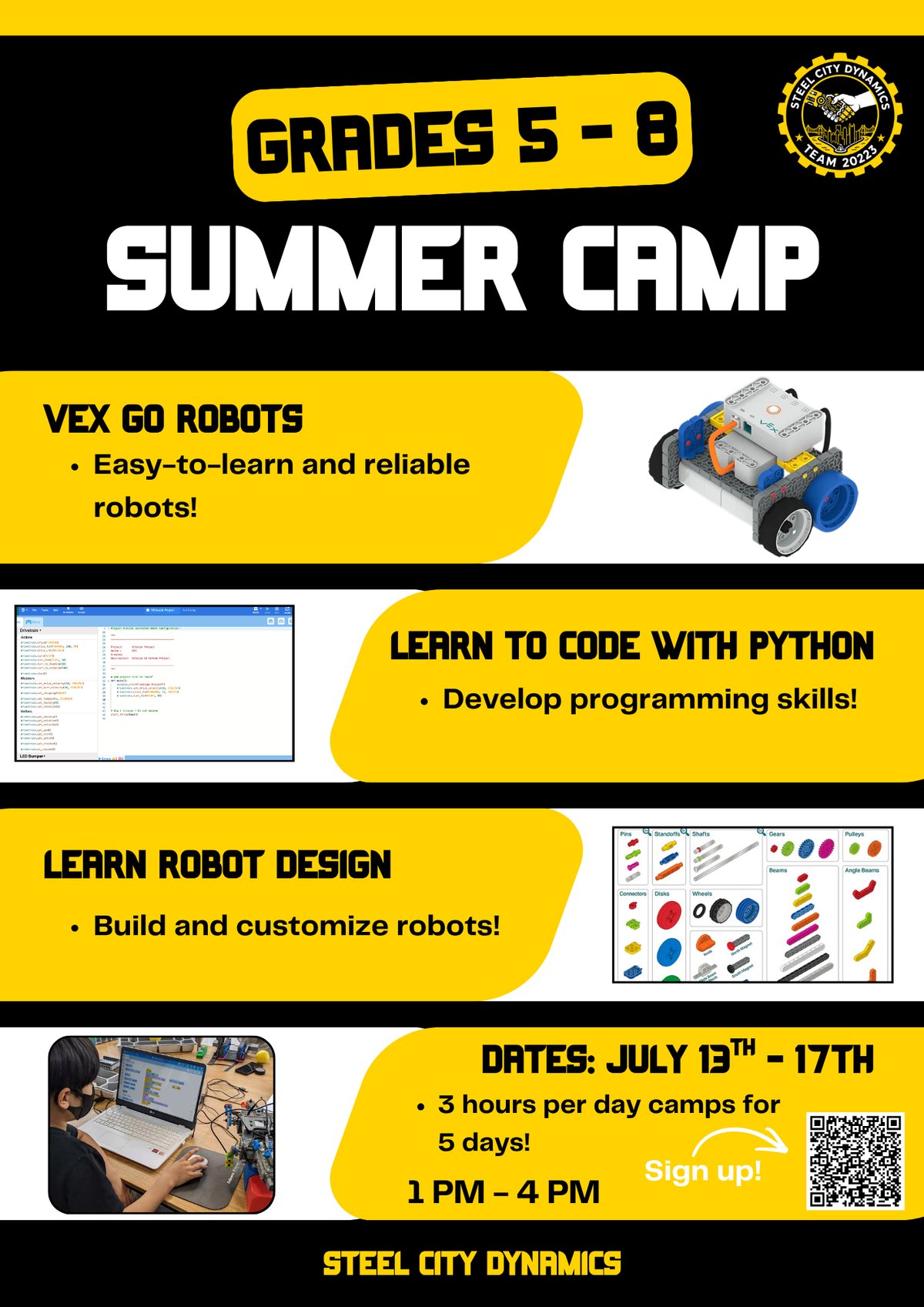 Grades 5–8 Summer Camp flyer: VEX GO robots and Python coding, July 13–17, 1–4 PM